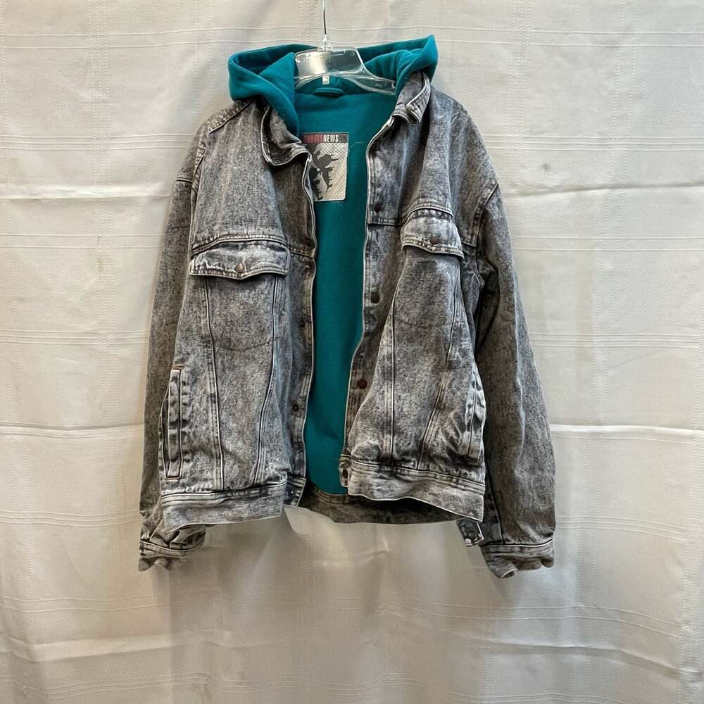 Vintage Acid Wash Denim Jacket Teal Hooded Lining 80s 90s Rare Layered Slouchy